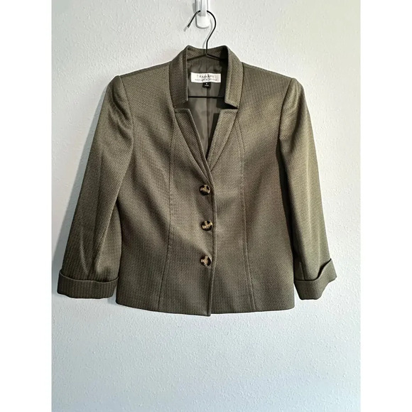 Tahari Arthur S Levine Womens Blazer Jacket Olive Green Three Button Textured - Picture 7 of 16